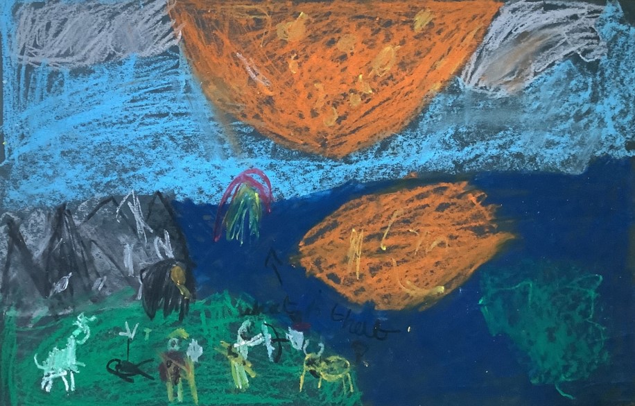 Abdullah's artwork from Hoyland Springwood Primary School, showing several animals on top of a mountain. 
