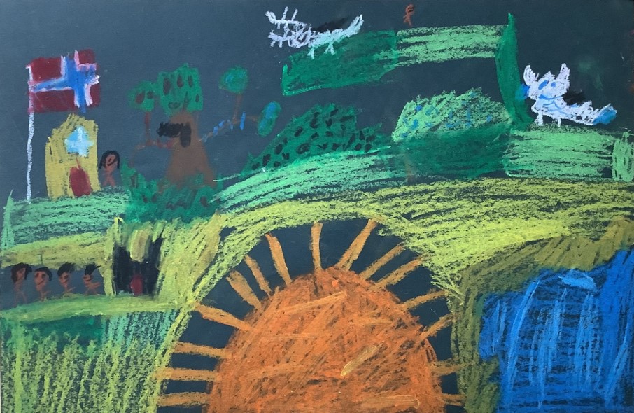 Layton's artwork from Hoyland Springwood Primary School, showing the topside of a boat with several animals, a person and a Norwegian flag on the deck. 